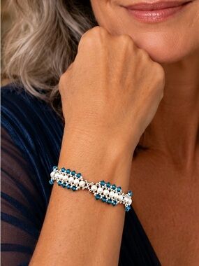 Hand Crafted Blue Crystal and White Pearl Beaded Bracelet - Women's Jewelry